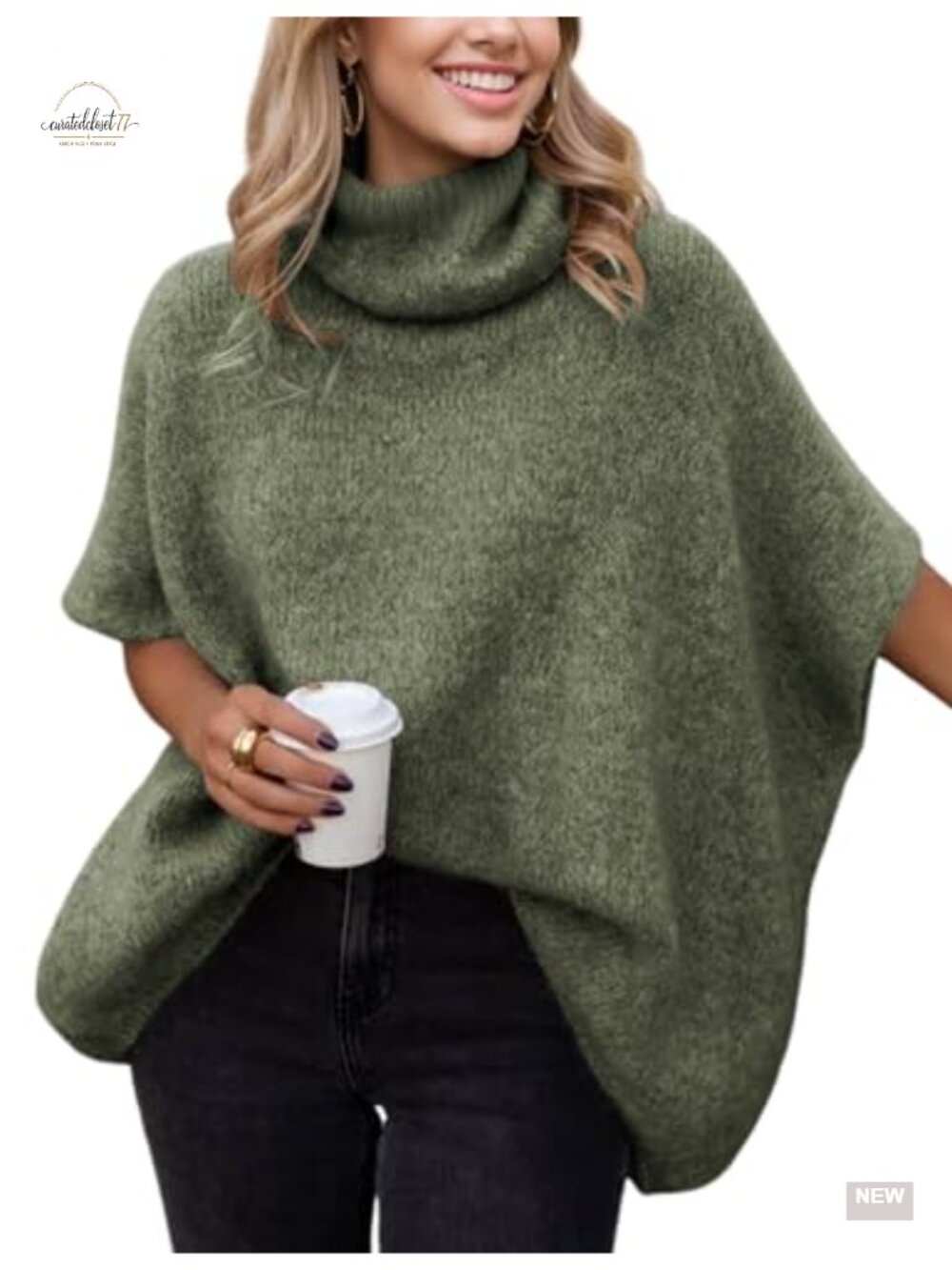 Oversized Turtleneck Sweater Short Batwing Sleeve Knit Pullover